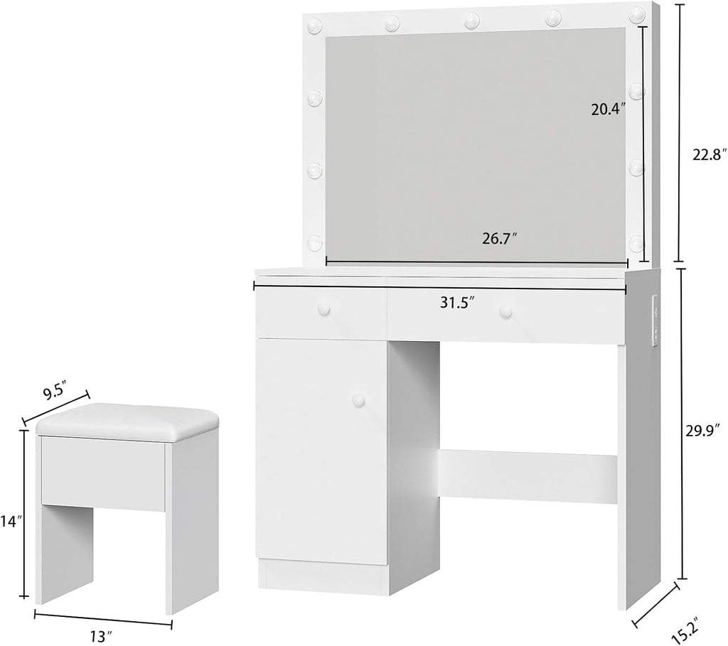 Haewon Vanity Desk with Mirror, 11 LED Lights and Power Outlet, Makeup Vanity Set with Storage Cabinet, Drawers and Chair, White Dressing Table with 3 Adjustable Light Modes for Bedroom