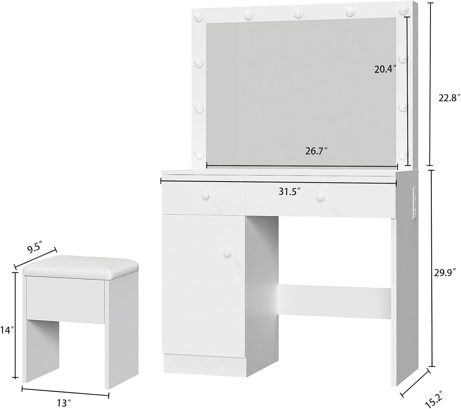 Haewon Vanity Desk with Mirror, 11 LED Lights and Power Outlet, Makeup Vanity Set with Storage Cabinet, Drawers and Chair, White Dressing Table with 3 Adjustable Light Modes for Bedroom