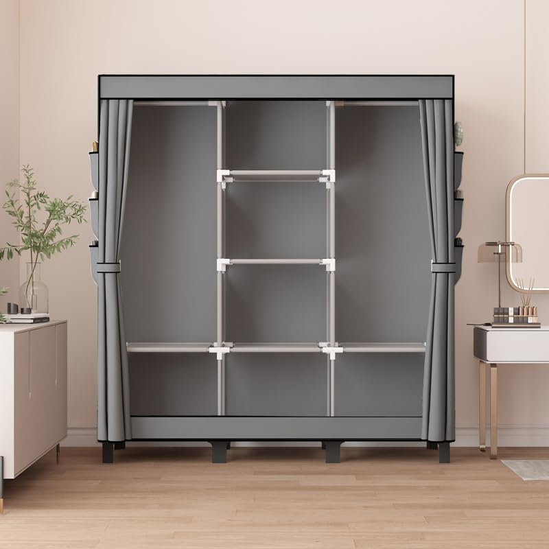Portable Wardrobe, Easy Hanging Closet 6 Side Pockets Large Capacity Clothes Organizer Comes with 2 Hanging Poles and Shelves, Width 130cm, Depth 45cm, Height 172cm (Grey)