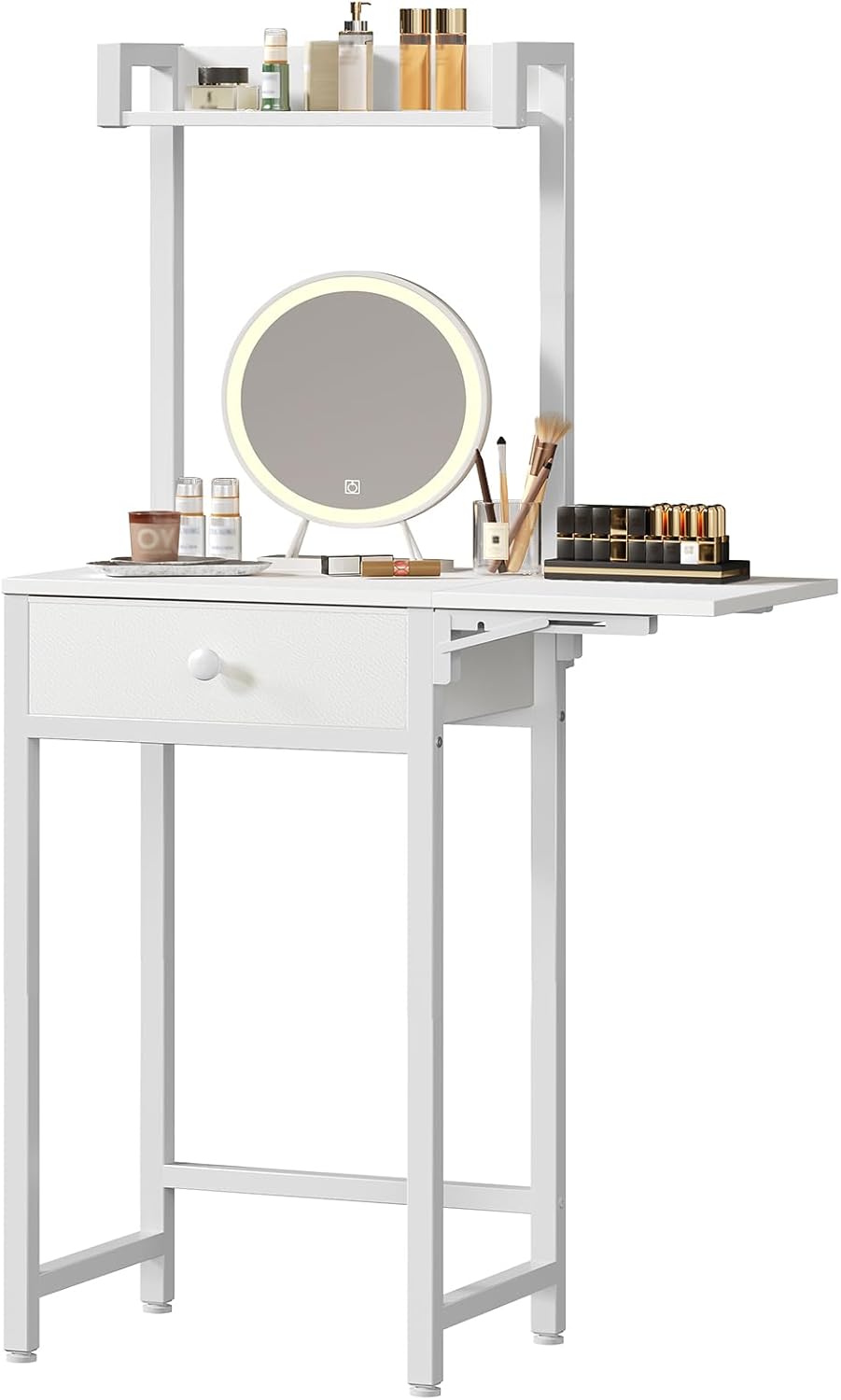 YATINEY Small Vanity Desk Without Mirror, Makeup Vanity Table for Small Space, Compact White Dressing Table with Fold-up Panel and Fabric Drawer, for Bedroom, Easy Assembly, White