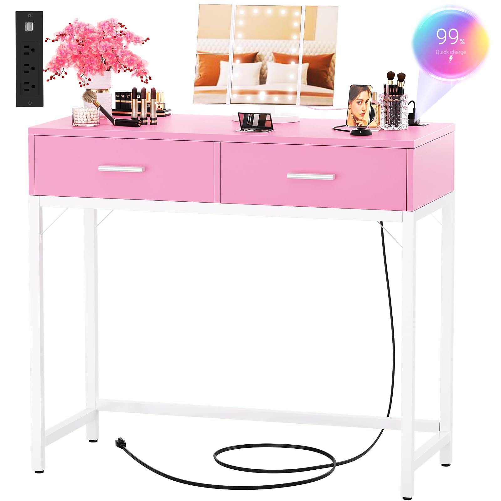 Cyclysio Vanity Desk with Mirror and Lights, 36'' Makeup Vanity Desk with Power Outlet, Small Vanities Set Dressing Table with Drawers for Bedroom, White
