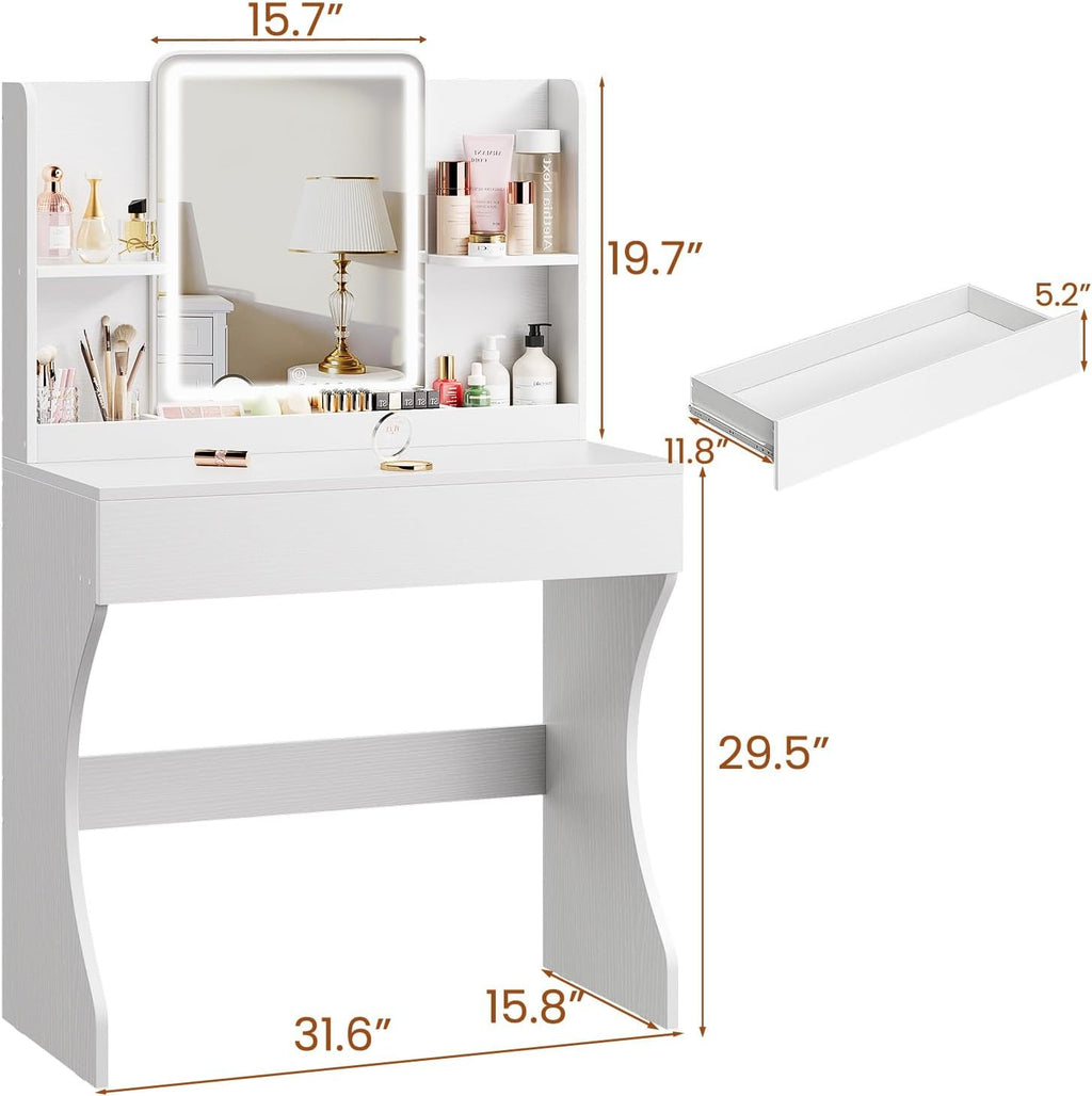 Small Vanity Desk with Mirror and Lights, Makeup Vanity with Storage Drawer, 2 Shelves and 3 Compartments - White