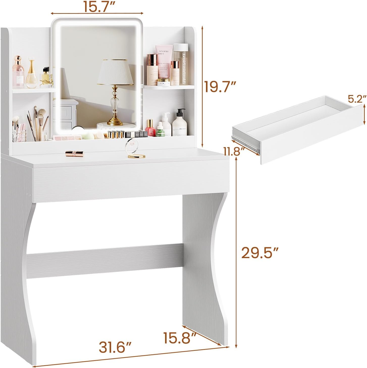 Small Vanity Desk with Mirror and Lights, Makeup Vanity with Storage Drawer, 2 Shelves and 3 Compartments - White