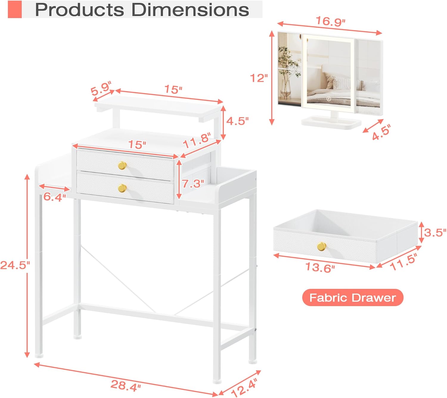 HIGDBFE Vanity Desk with Mirror and Lights, 28.4''W Small Makeup Vanity Table with Height-Adjustable Stand, 2 Fabric Drawers Compact Makeup Desk, Gift for Girls, Bedroom Small Space, White