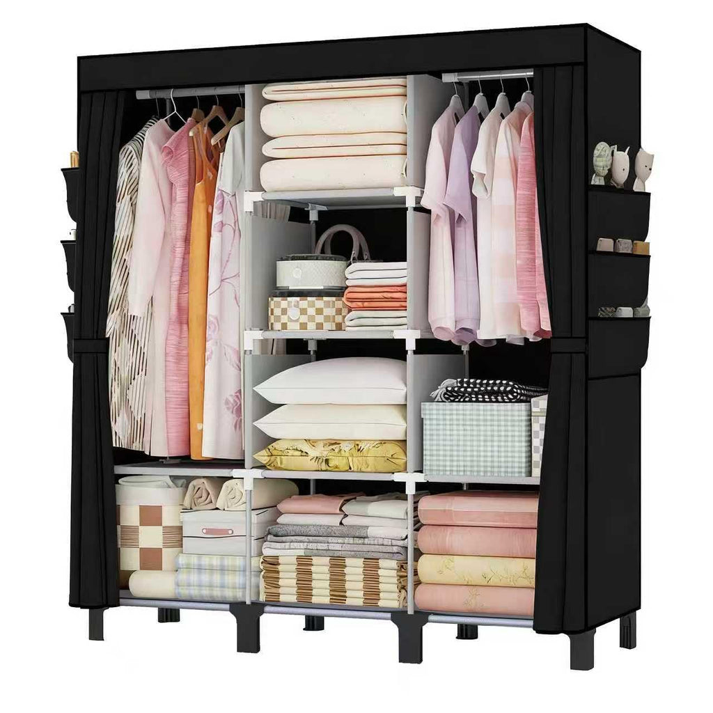 Portable Wardrobe, Easy Hanging Closet 6 Side Pockets Large Capacity Clothes Organizer Comes with 2 Hanging Poles and Shelves, Width 130cm, Depth 45cm, Height 172cm (Grey)