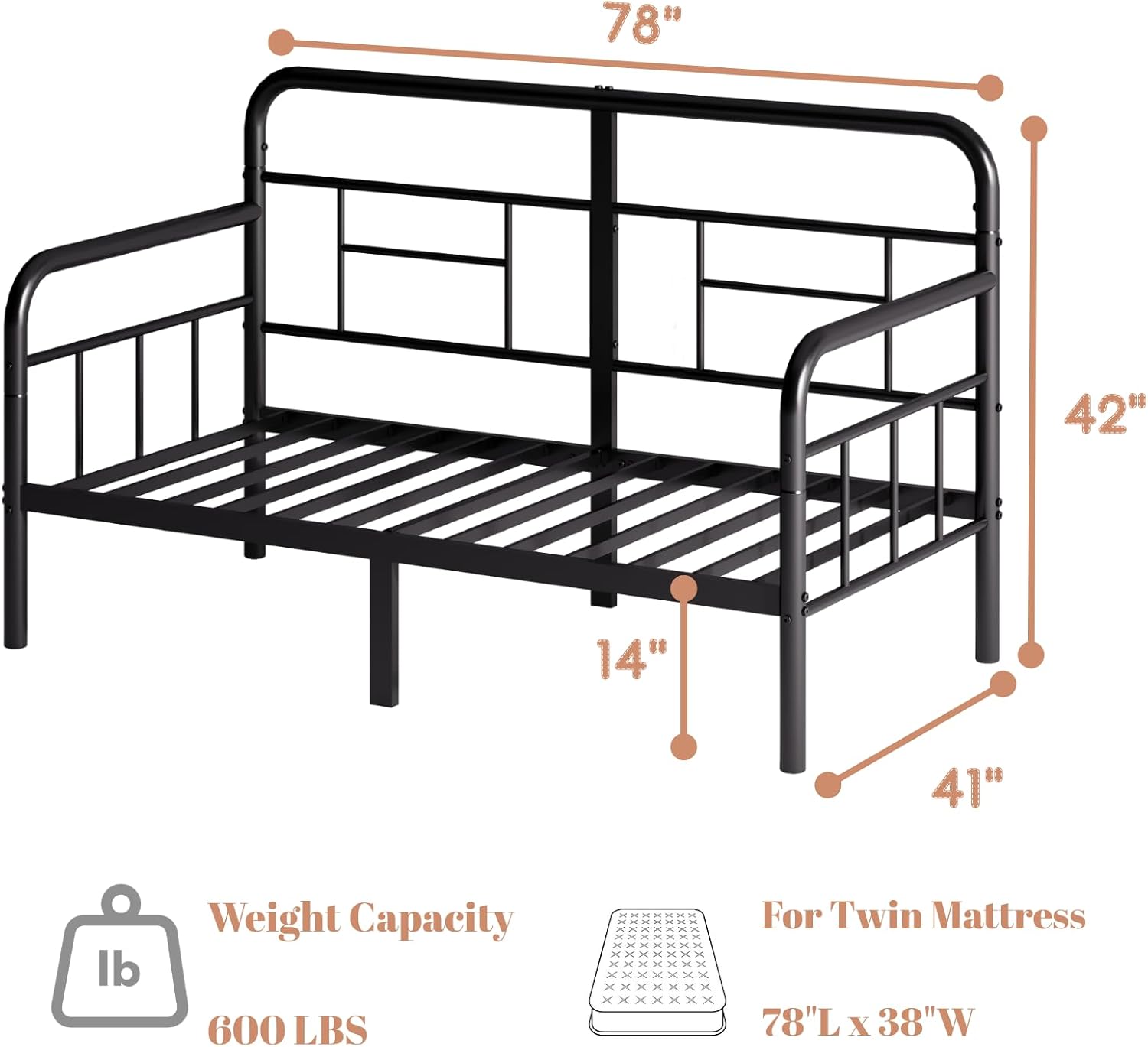 Yumenonaka Twin Daybed,Metal Sofa Day Bed Frame,Steel Slats Support for Bedroom Guest Room,Easy Assembly,Sturdy,Anti-Slip,Storage Space Bed Furniture,with Modern Headboard,Black