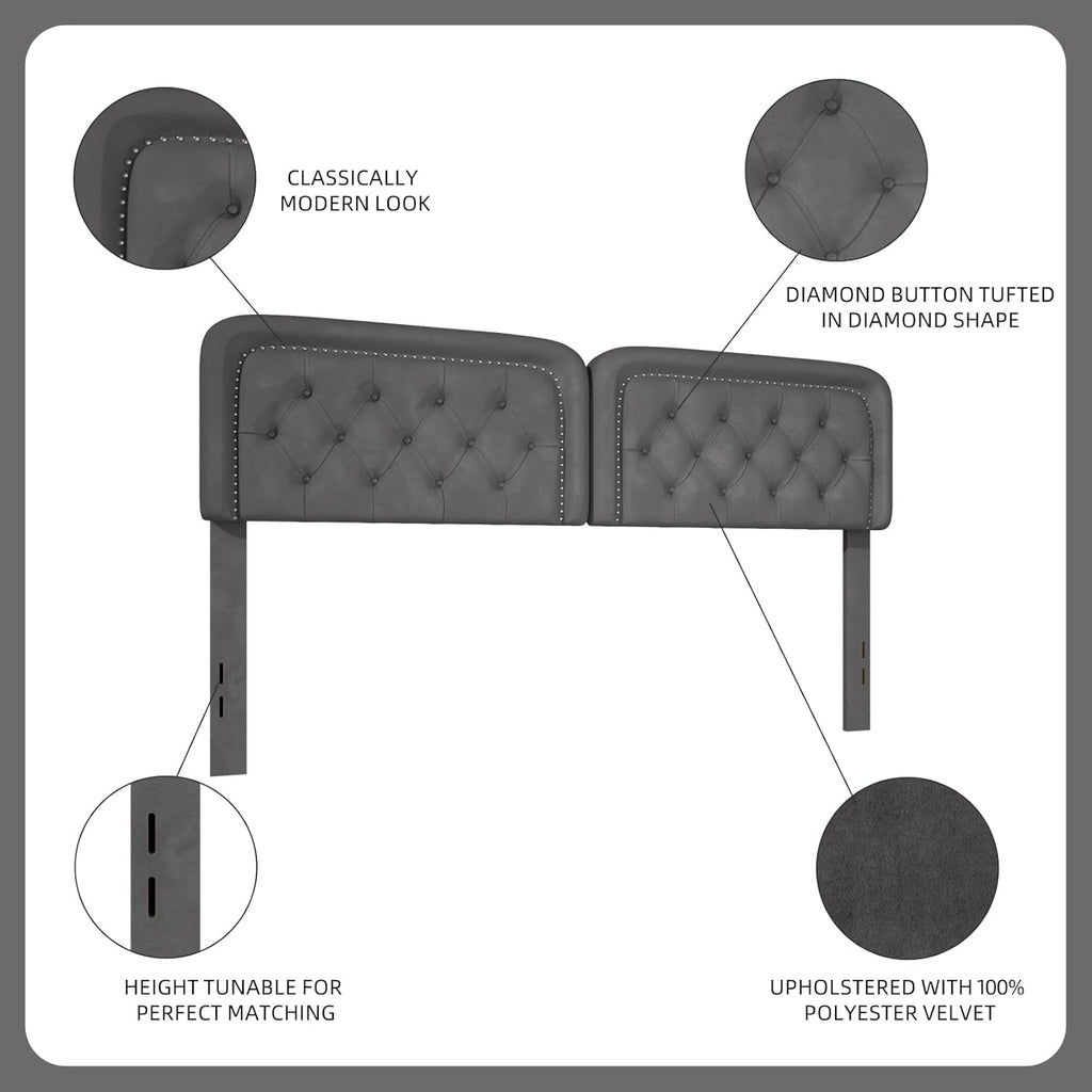 Tufted Upholstered Headboard Queen Size, Button Adjustable Height Head Board Only, Sturdy and Durable Solid Wood with Nailhead Trim, Ideal for Bedroom, Dorm, Guest Room, Gray | Luxurious Velvet, Sturdy Construction, Versatile Decor