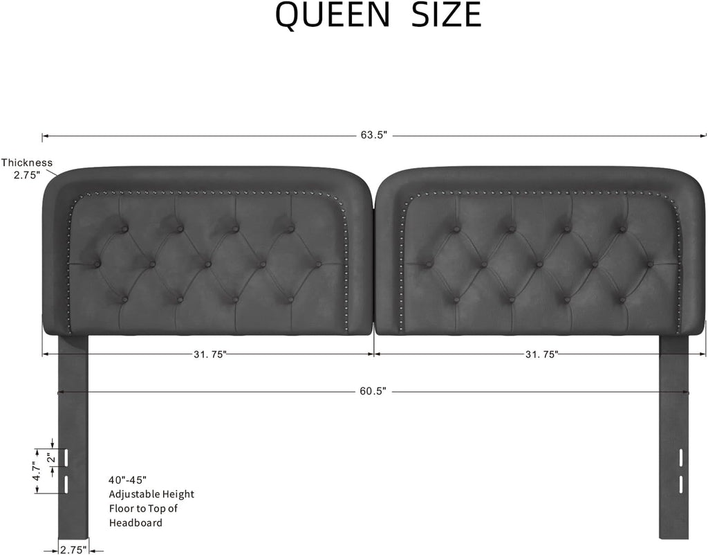 Tufted Upholstered Headboard Queen Size, Button Adjustable Height Head Board Only, Sturdy and Durable Solid Wood with Nailhead Trim, Ideal for Bedroom, Dorm, Guest Room, Gray | Luxurious Velvet, Sturdy Construction, Versatile Decor