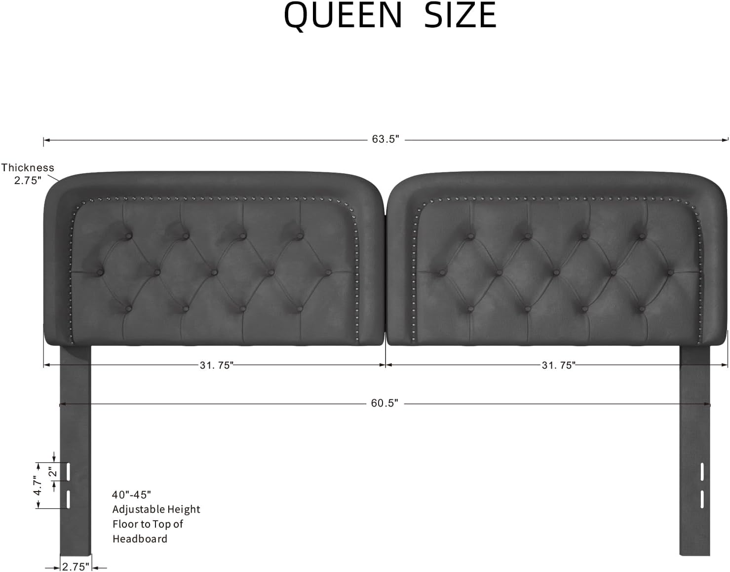 Tufted Upholstered Headboard Queen Size, Button Adjustable Height Head Board Only, Sturdy and Durable Solid Wood with Nailhead Trim, Ideal for Bedroom, Dorm, Guest Room, Gray | Luxurious Velvet, Sturdy Construction, Versatile Decor