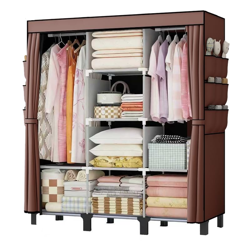 Portable Wardrobe, Easy Hanging Closet 6 Side Pockets Large Capacity Clothes Organizer Comes with 2 Hanging Poles and Shelves, Width 130cm, Depth 45cm, Height 172cm (Grey)