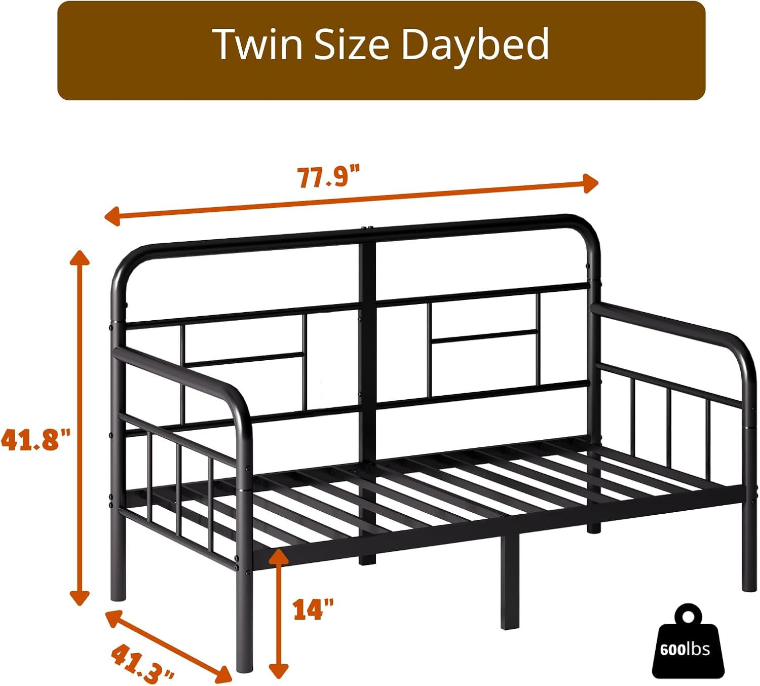 Twin Daybed with Headboard,Sofa Day Bed Frame, Heavy Duty Sturdy Metal Slats for Bedroom,Guest Room,Living Room, Easy Assembly, Modern,Space Saving,Black