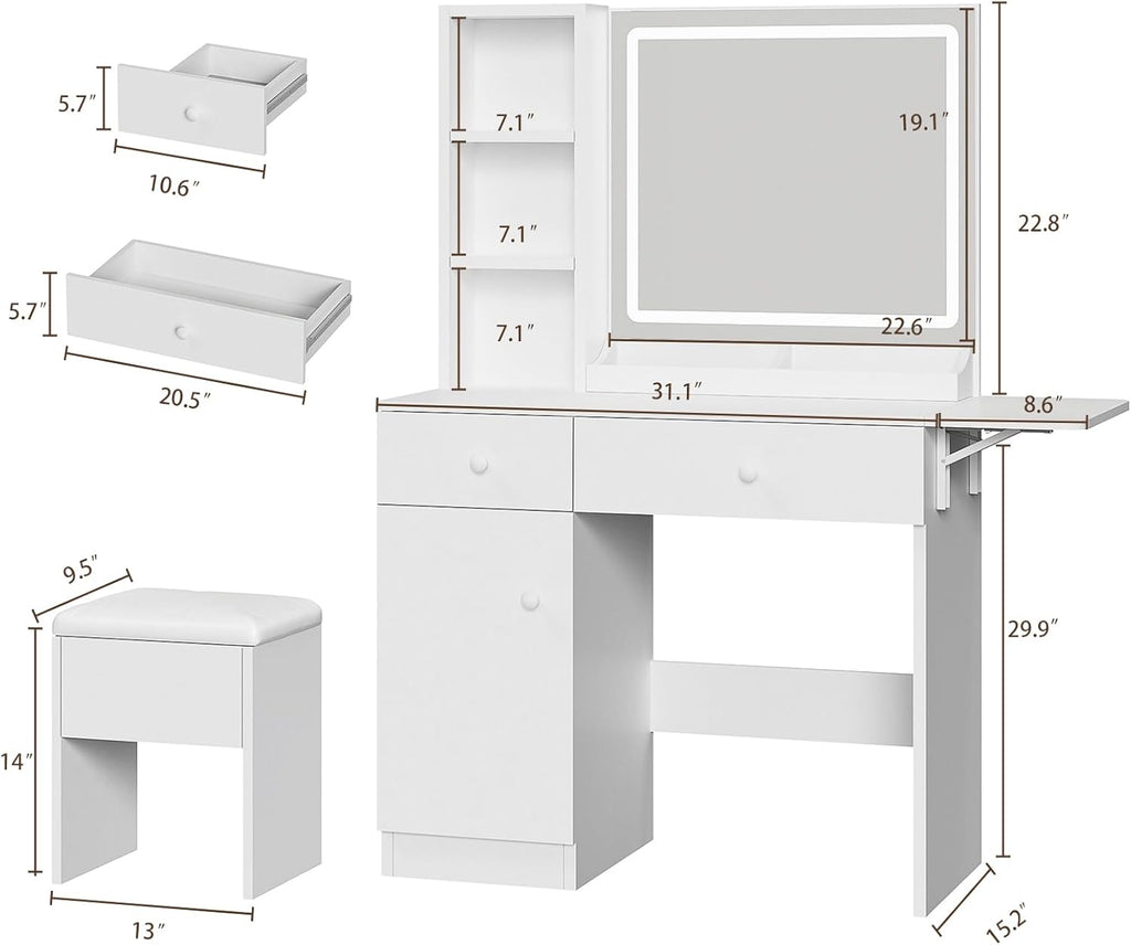 Haewon White Vanity Desk with Mirror and Lights, Makeup Vanity with Charging Station and 3 Lighting Modes, Dressing Table Set with Storage Cabinet, Drawers and Chair for Girls Bedroom