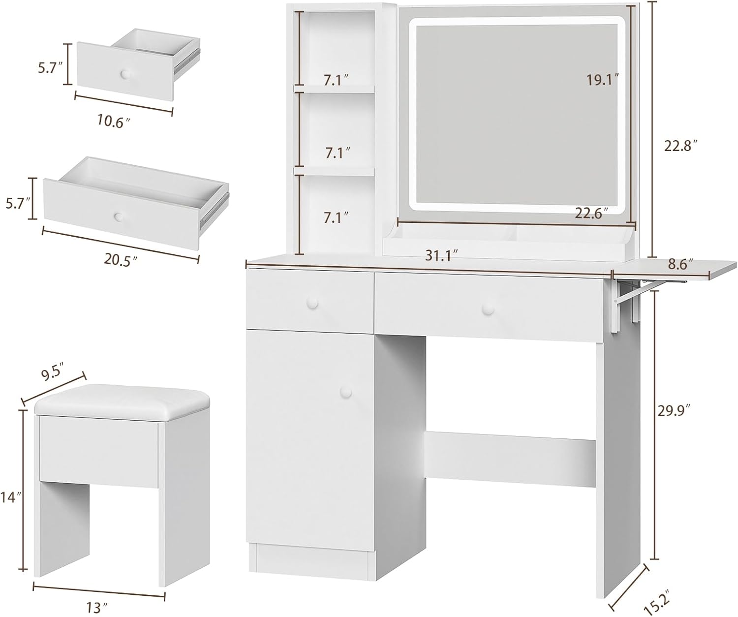 Haewon White Vanity Desk with Mirror and Lights, Makeup Vanity with Charging Station and 3 Lighting Modes, Dressing Table Set with Storage Cabinet, Drawers and Chair for Girls Bedroom