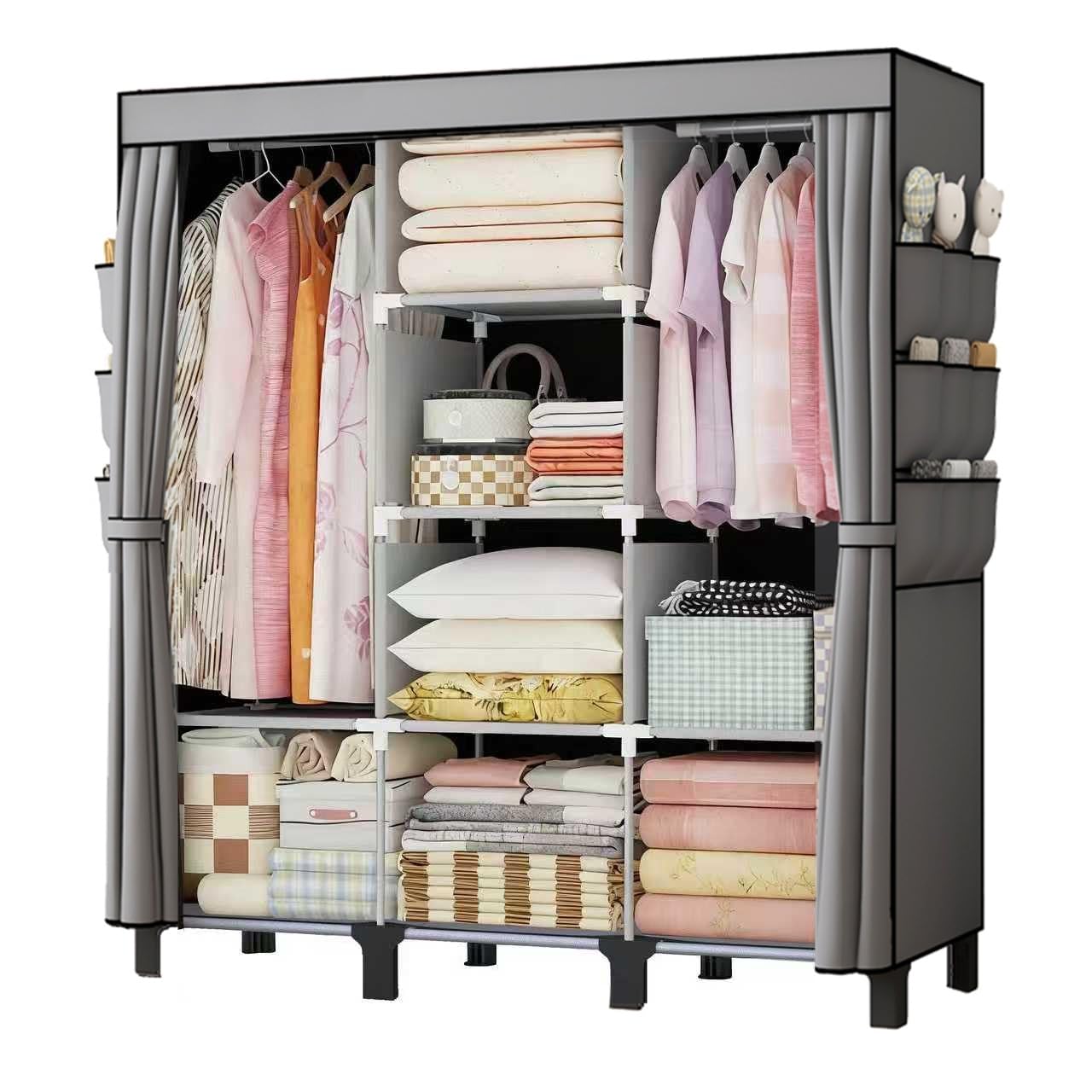 Portable Wardrobe, Easy Hanging Closet 6 Side Pockets Large Capacity Clothes Organizer Comes with 2 Hanging Poles and Shelves, Width 130cm, Depth 45cm, Height 172cm (Grey)