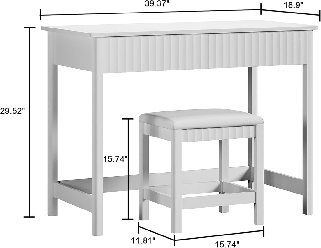 ChooChoo 40 Inch Modern Desk with Drawers, Makeup Vanity Desk with Padded Stool, Small Home Office Desk for Bedroom, White