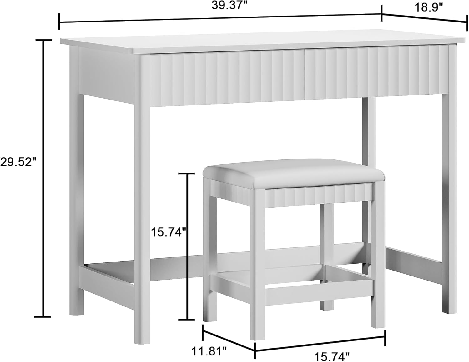ChooChoo 40 Inch Modern Desk with Drawers, Makeup Vanity Desk with Padded Stool, Small Home Office Desk for Bedroom, White