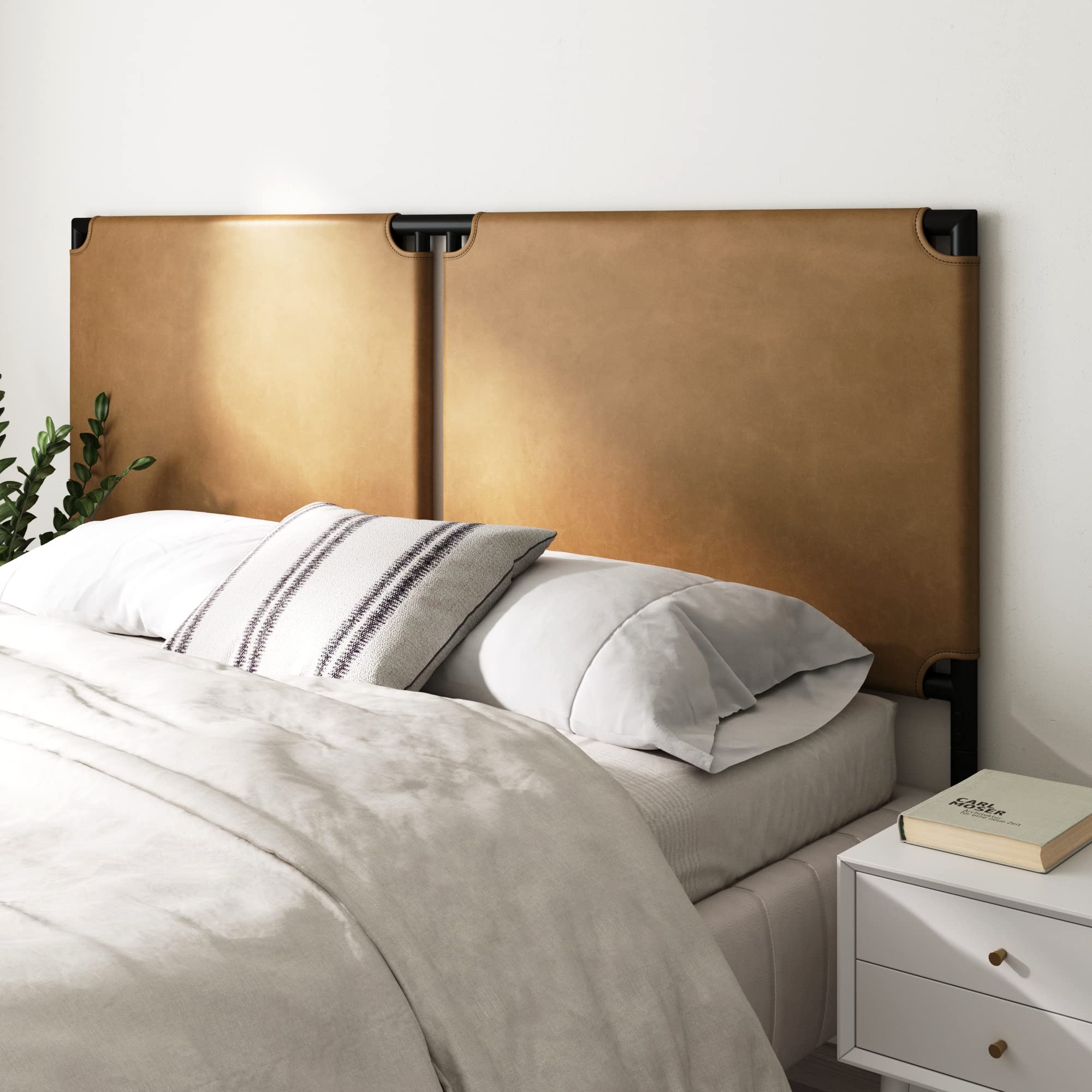 Nathan James Charlie Wall Mount Hanging Upholstered Headboard, Queen, White Boucle with Brown Faux Leather Straps