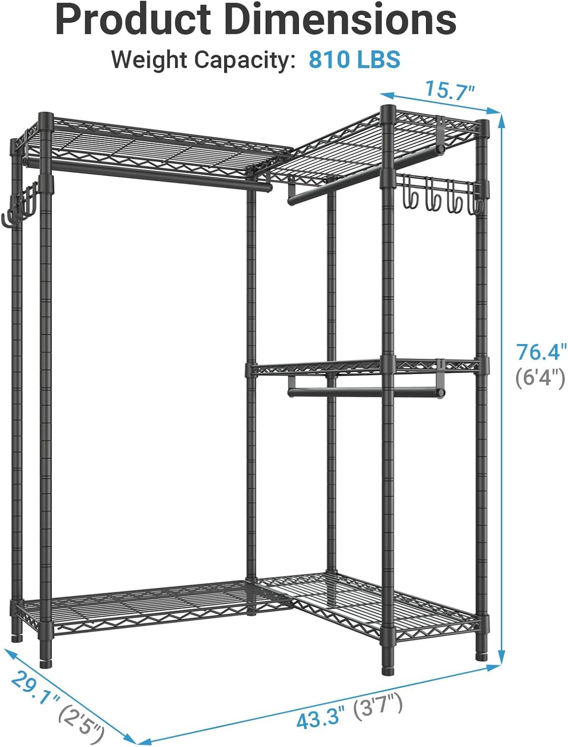 VIPEK L4 Garment Rack L Shaped Clothes Rack for Corner, Freestanding Portable Wardrobe Closet Heavy Duty Clothing Rack with 3 Hanging Rods & 2 Side Hooks, 43.3"Lx29.1"Wx76.4"H, Max Load 810LBS, Black