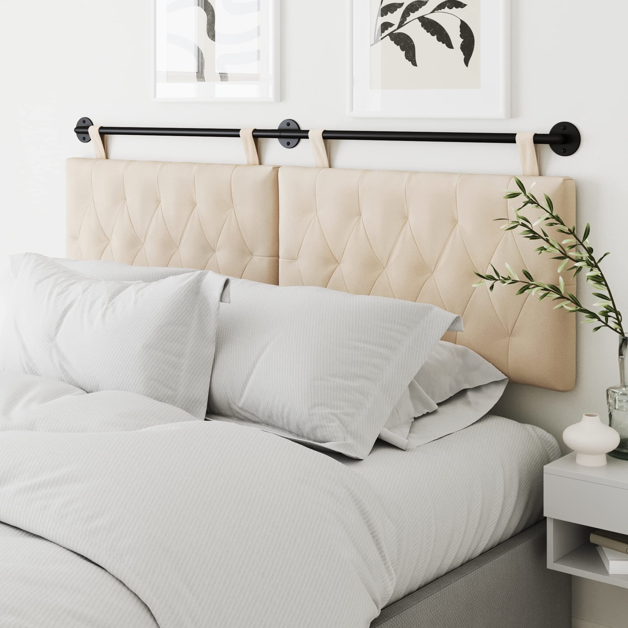 Nathan James Charlie Wall Mount Hanging Upholstered Headboard, Queen, White Boucle with Brown Faux Leather Straps