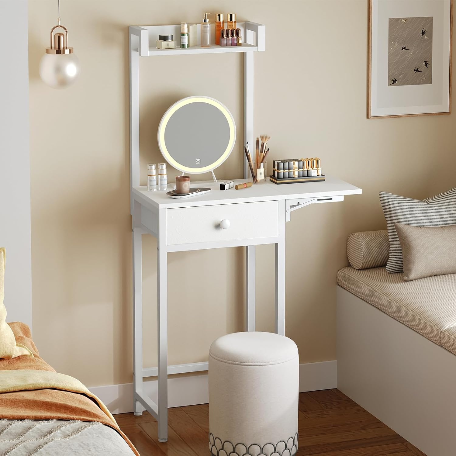 YATINEY Small Vanity Desk Without Mirror, Makeup Vanity Table for Small Space, Compact White Dressing Table with Fold-up Panel and Fabric Drawer, for Bedroom, Easy Assembly, White