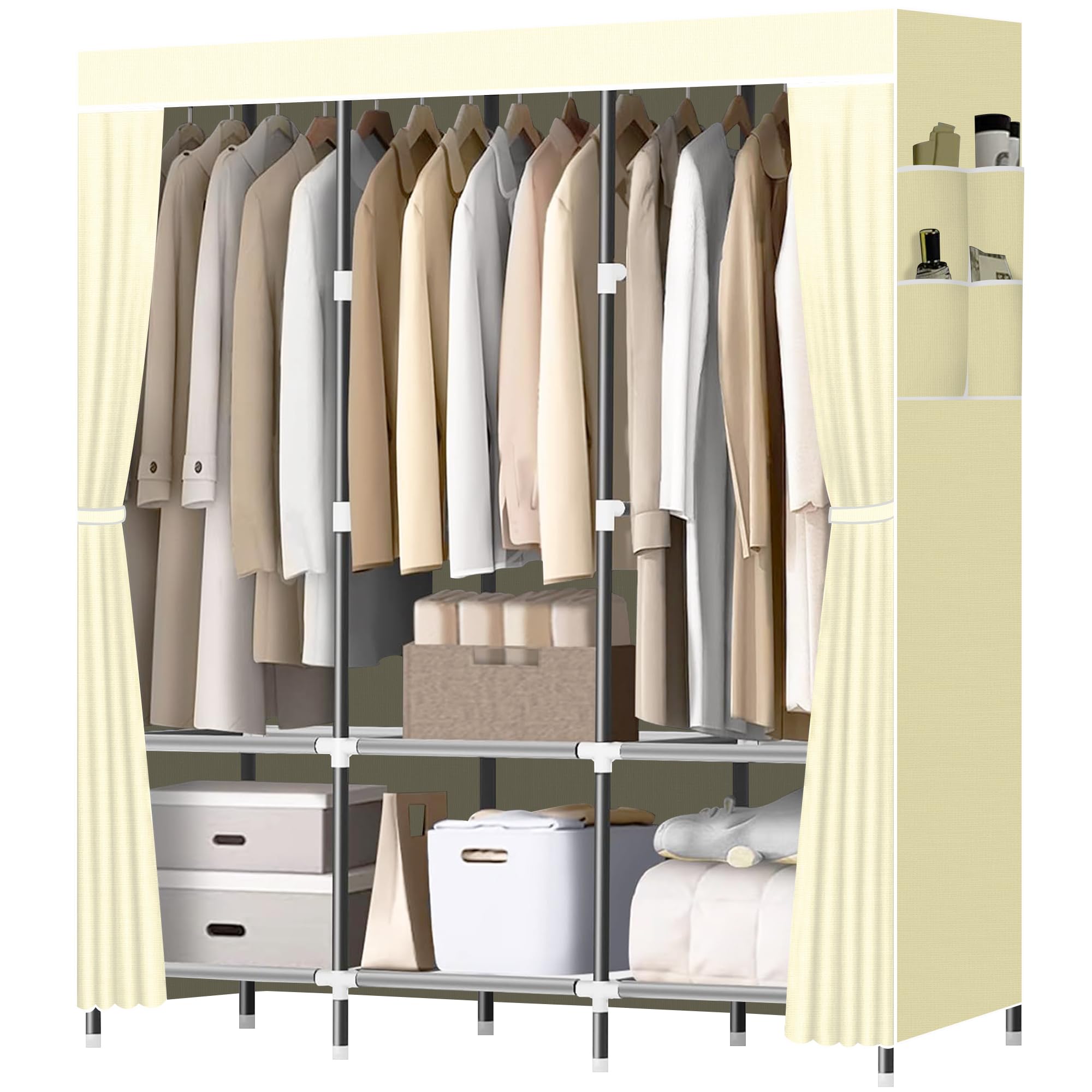 LOKEME Wardrobe Closet,Portable Closet for Bedroom Steel Pipe Diameter 19mm Strong and Sturdy Black Portable Closets for Hanging Clothes with 3 Hanging rods, 6 Storage Shelves and Side Pockets