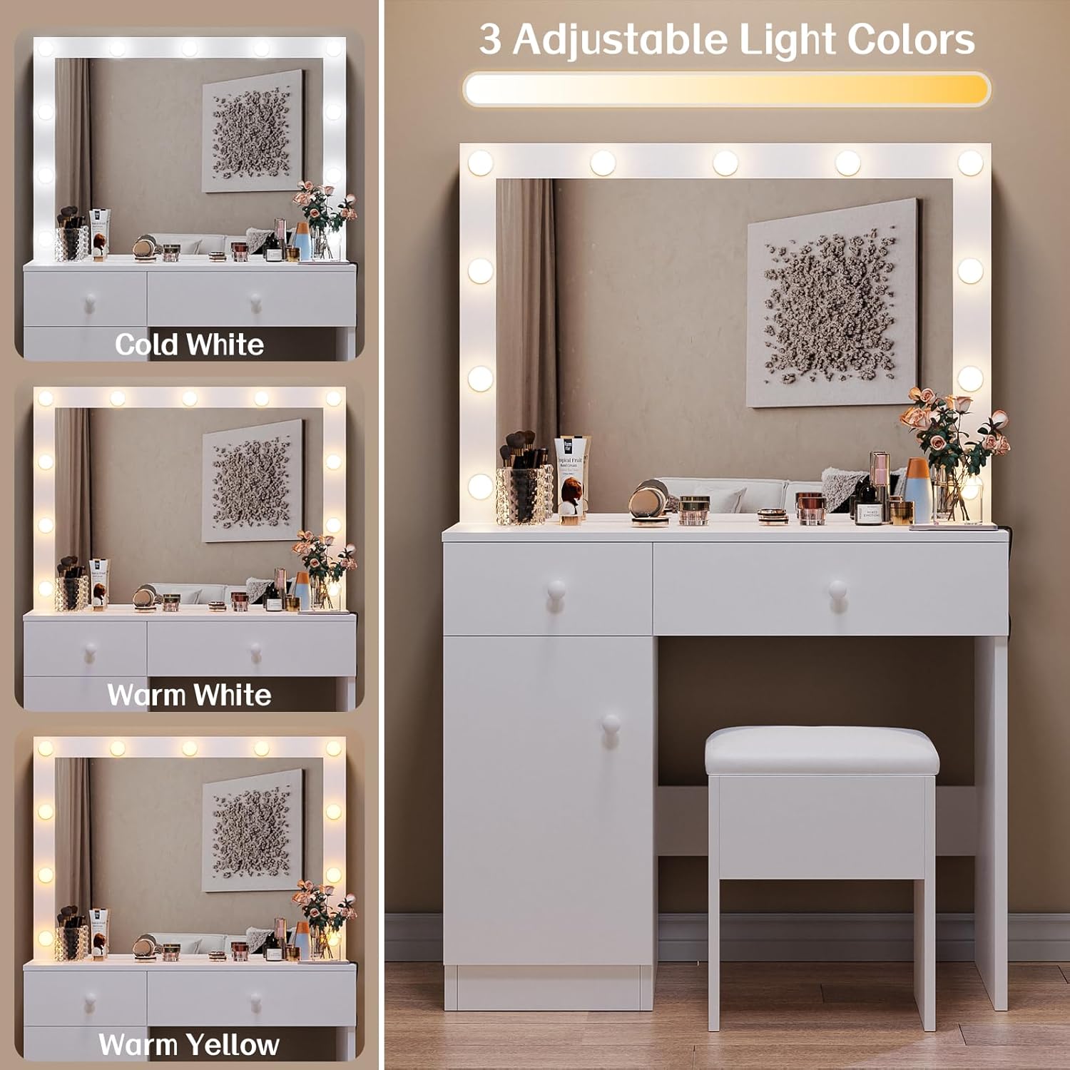 Haewon Vanity Desk with Mirror, 11 LED Lights and Power Outlet, Makeup Vanity Set with Storage Cabinet, Drawers and Chair, White Dressing Table with 3 Adjustable Light Modes for Bedroom