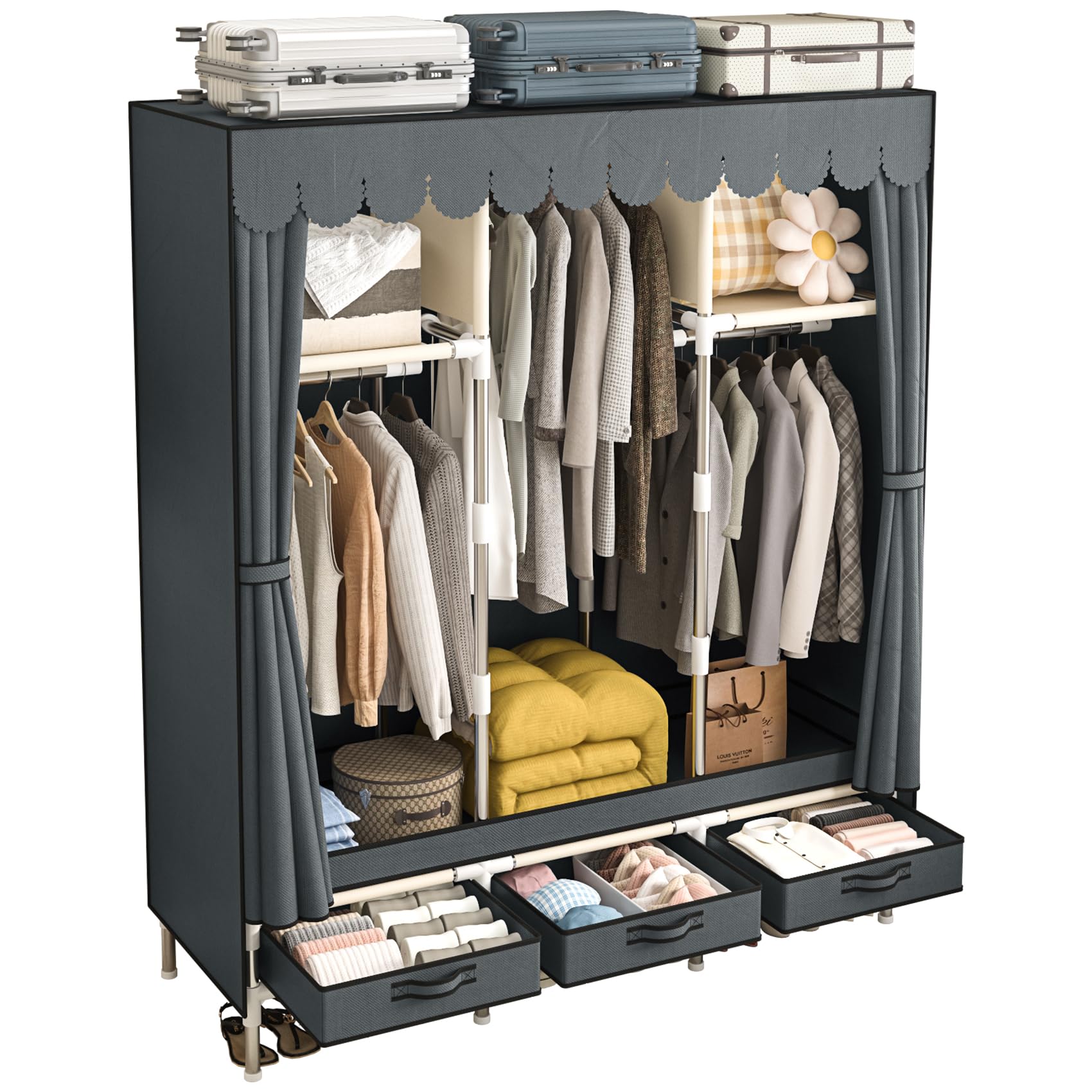 Large Portable Wardrobe with 4 Hanging Rods and Drawers, Armoire, Metal Storage Wardrobe Hangers, Upgraded Grey Non-Woven Dust Cover for Handing Closet,Large Closets for Bedroom