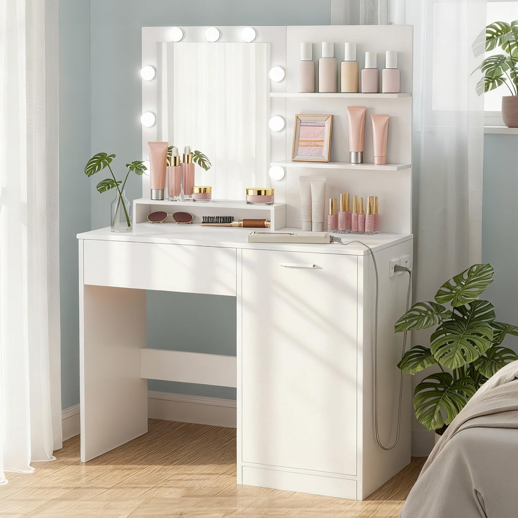 VASAGLE Kailyn Collection - Vanity Desk with Mirror and 9 LED Bulbs, Vanity Makeup Table with Power Outlets, Dressing Table with 9 Drawers, for Bedroom, Cloud White URDT141WB01S
