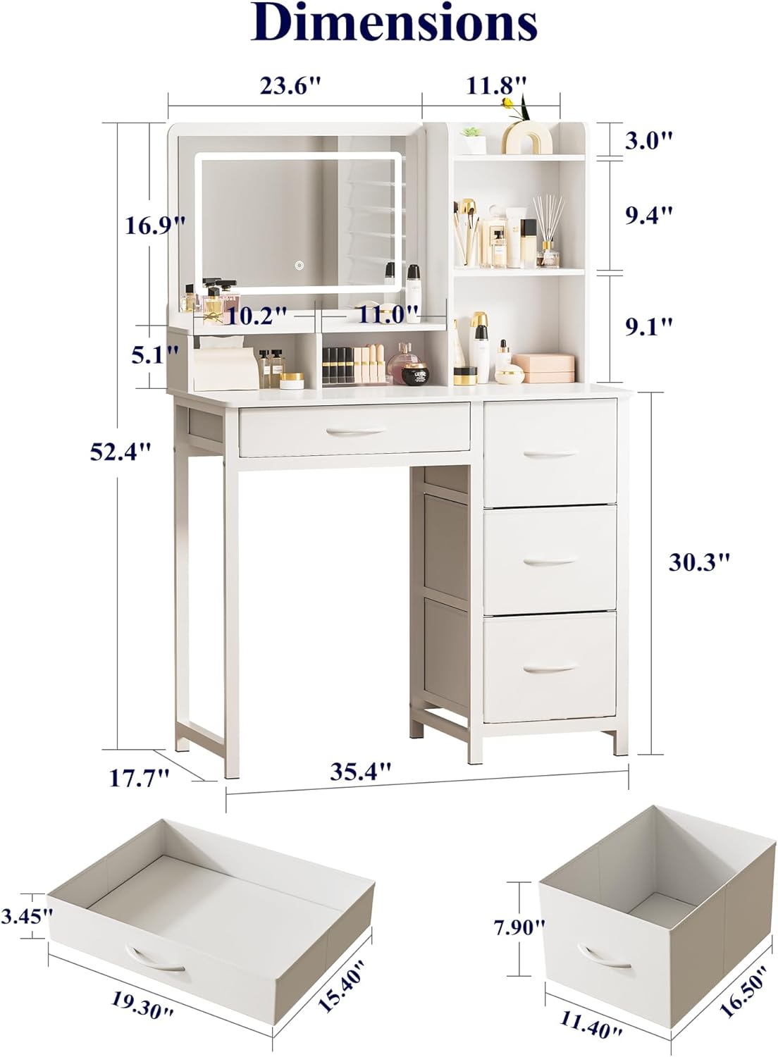 Kitsure Vanity Desk with Mirror and Lights - Large Capacity Makeup Vanity with 4 Fabric Storage Drawers & 3 Lighting Modes, Vanity Table Set with Sturdy Metal Frame for Bedroom, White, 35" x 17" x 52"