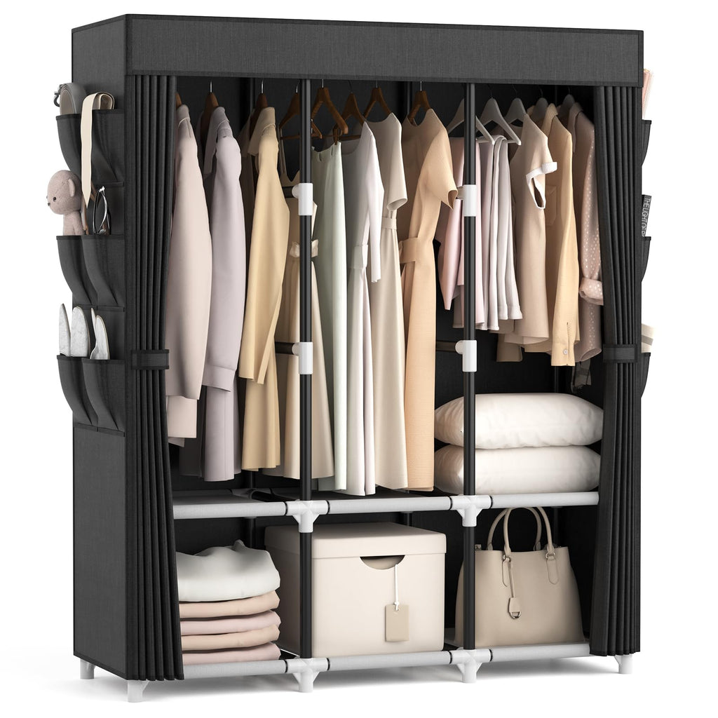 VTRIN Portable Closet for Hanging Clothes 67 Inch Wide Large Capacity Portable Wardrobe Closet with Cover, 4 Storage Shelves and 4 Hanging Rod Sturdy Free Standing Closet for Bedroom, Black