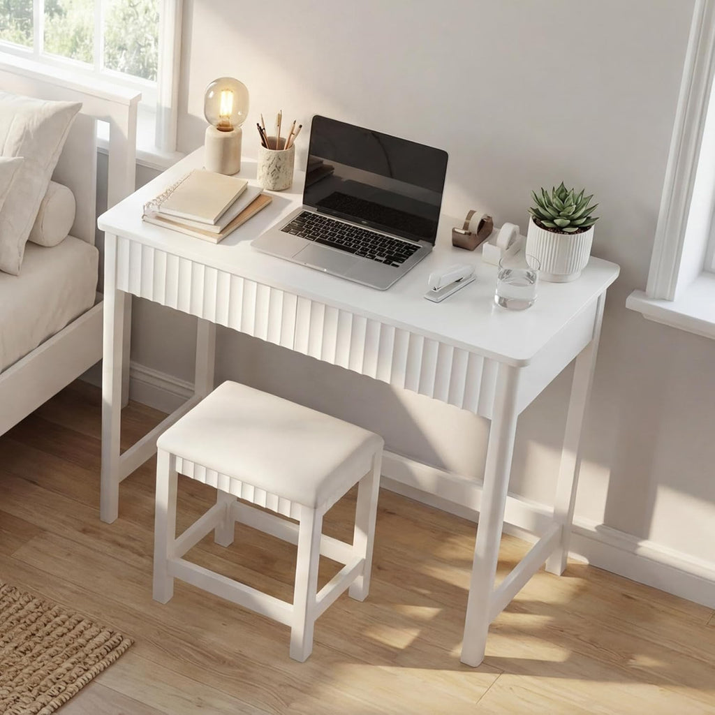 ChooChoo 40 Inch Modern Desk with Drawers, Makeup Vanity Desk with Padded Stool, Small Home Office Desk for Bedroom, White