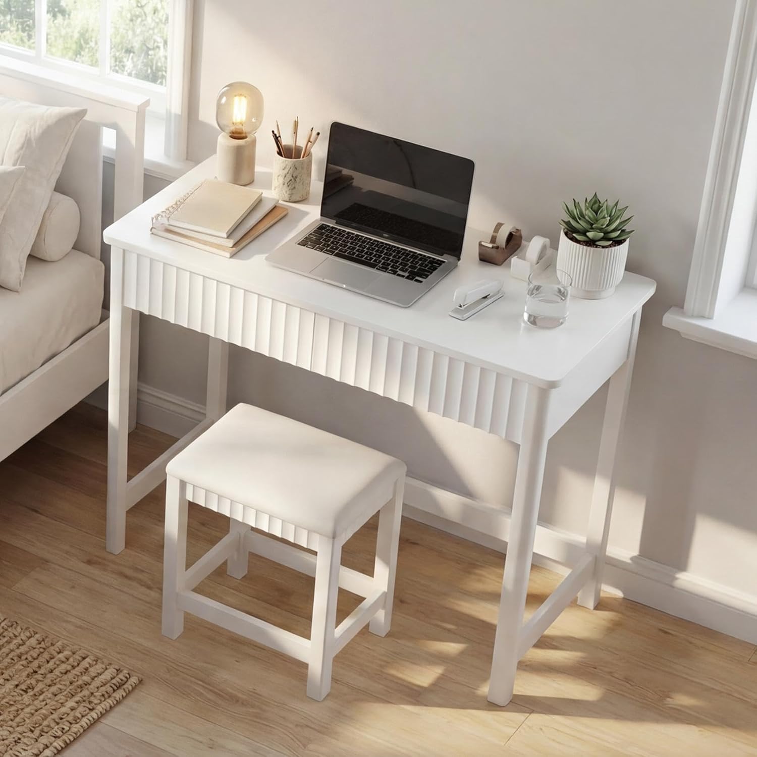 ChooChoo 40 Inch Modern Desk with Drawers, Makeup Vanity Desk with Padded Stool, Small Home Office Desk for Bedroom, White