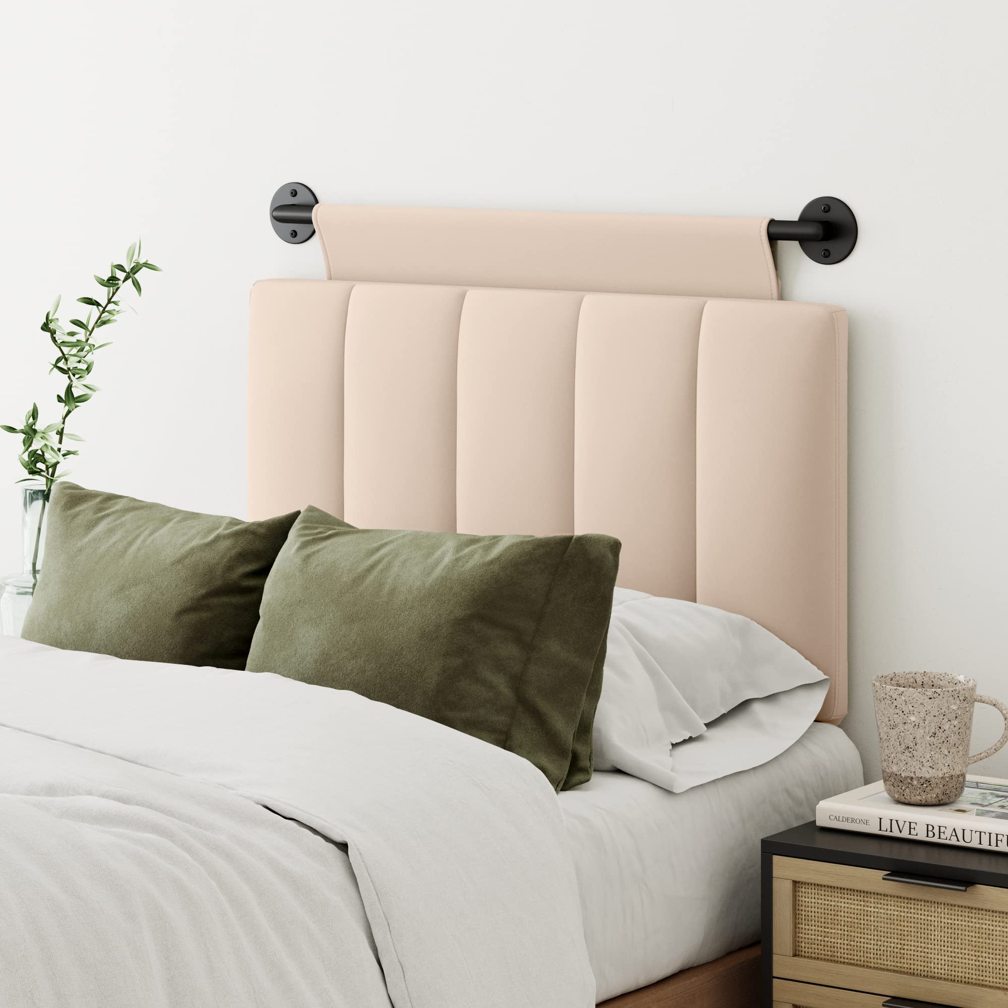 Nathan James Charlie Wall Mount Hanging Upholstered Headboard, Queen, White Boucle with Brown Faux Leather Straps