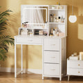 Kitsure Vanity Desk with Mirror and Lights - Large Capacity Makeup Vanity with 4 Fabric Storage Drawers & 3 Lighting Modes, Vanity Table Set with Sturdy Metal Frame for Bedroom, White, 35" x 17" x 52"