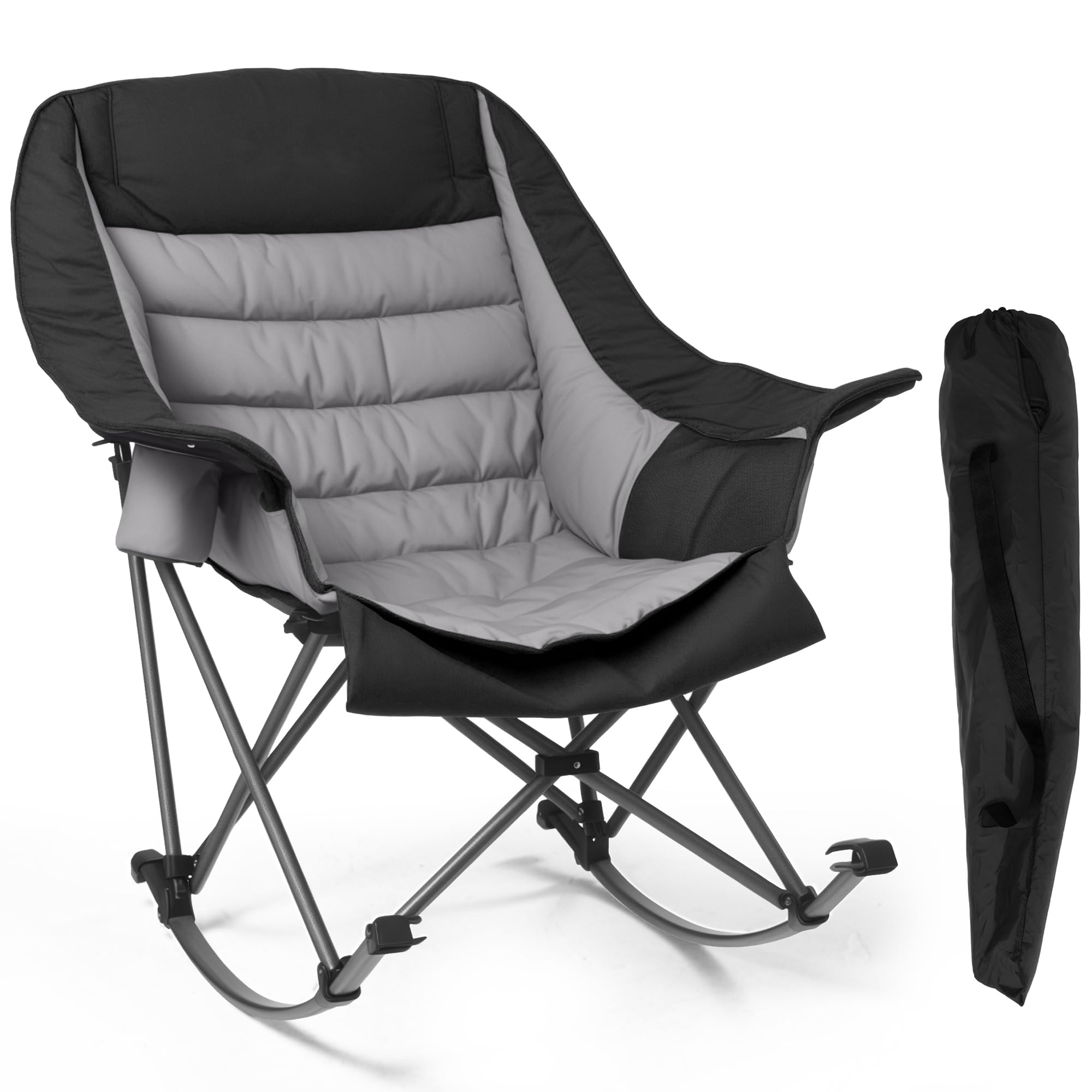 2 PCS Oversized Rocking Camping Chair for Adults - 400lbs Capacity Padded Camp Chair, Portable Foldable Outdoor Rocker Chair for Camping, Backyard, Patio (Black & Gray)