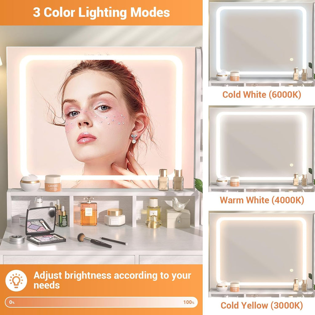 Small Vanity Desk, Vanity Desk with Mirror and Lights, Makeup Vanity Desks with Power Strip, Vanity Table with Drawers and Shelves, Adjustable Lighting, Dressing Table for Bedroom Dressing Room, White
