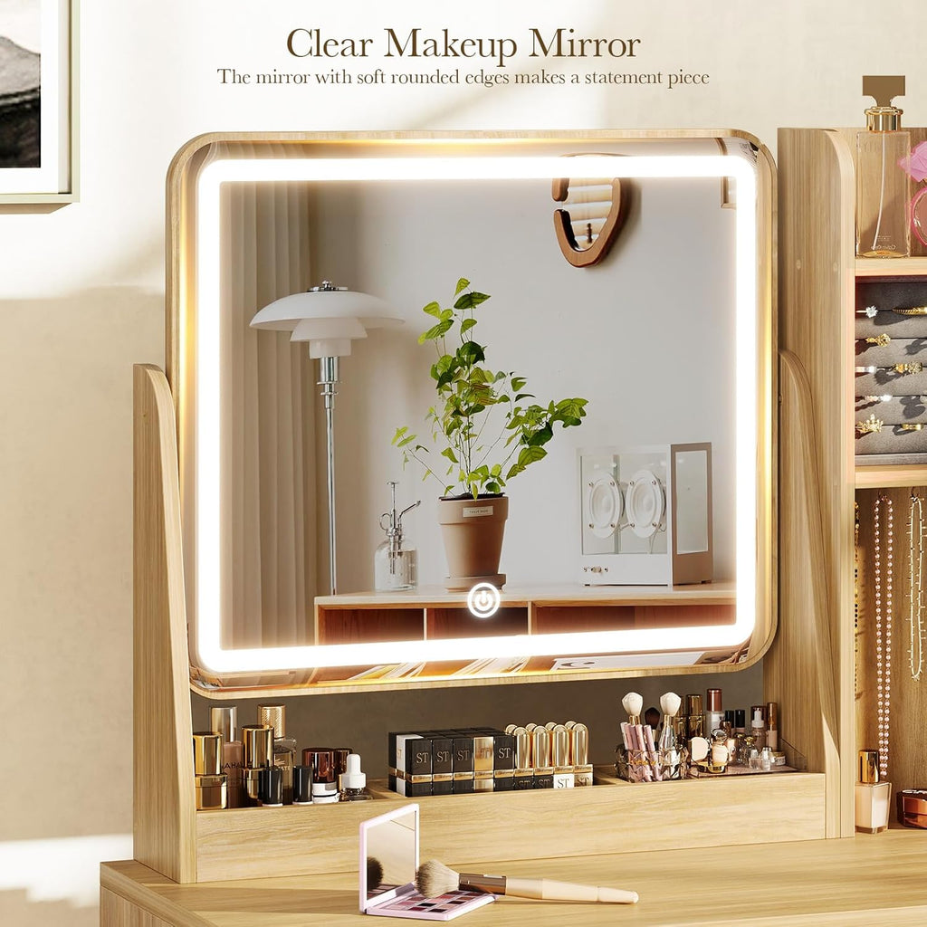 Memobarco Fluted Vanity Desk with Mirror and Lights, Small Makeup Vanity with 2 Drawers and Jewelry Storage Cabinet, 3 Lighting Modes Adjustable Brightness, Dressing Table for Bedroom - Natural Oak
