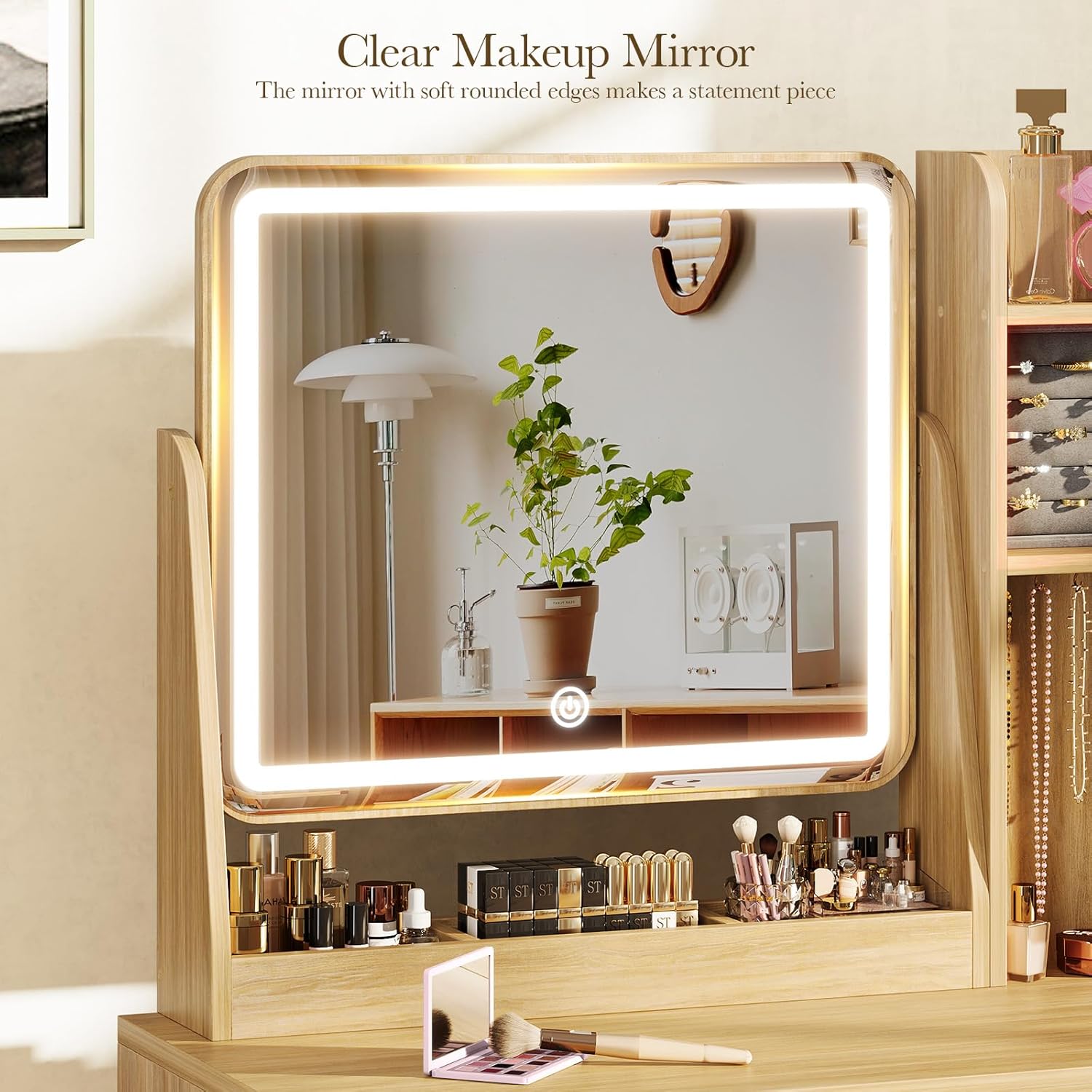 Memobarco Fluted Vanity Desk with Mirror and Lights, Small Makeup Vanity with 2 Drawers and Jewelry Storage Cabinet, 3 Lighting Modes Adjustable Brightness, Dressing Table for Bedroom - Natural Oak