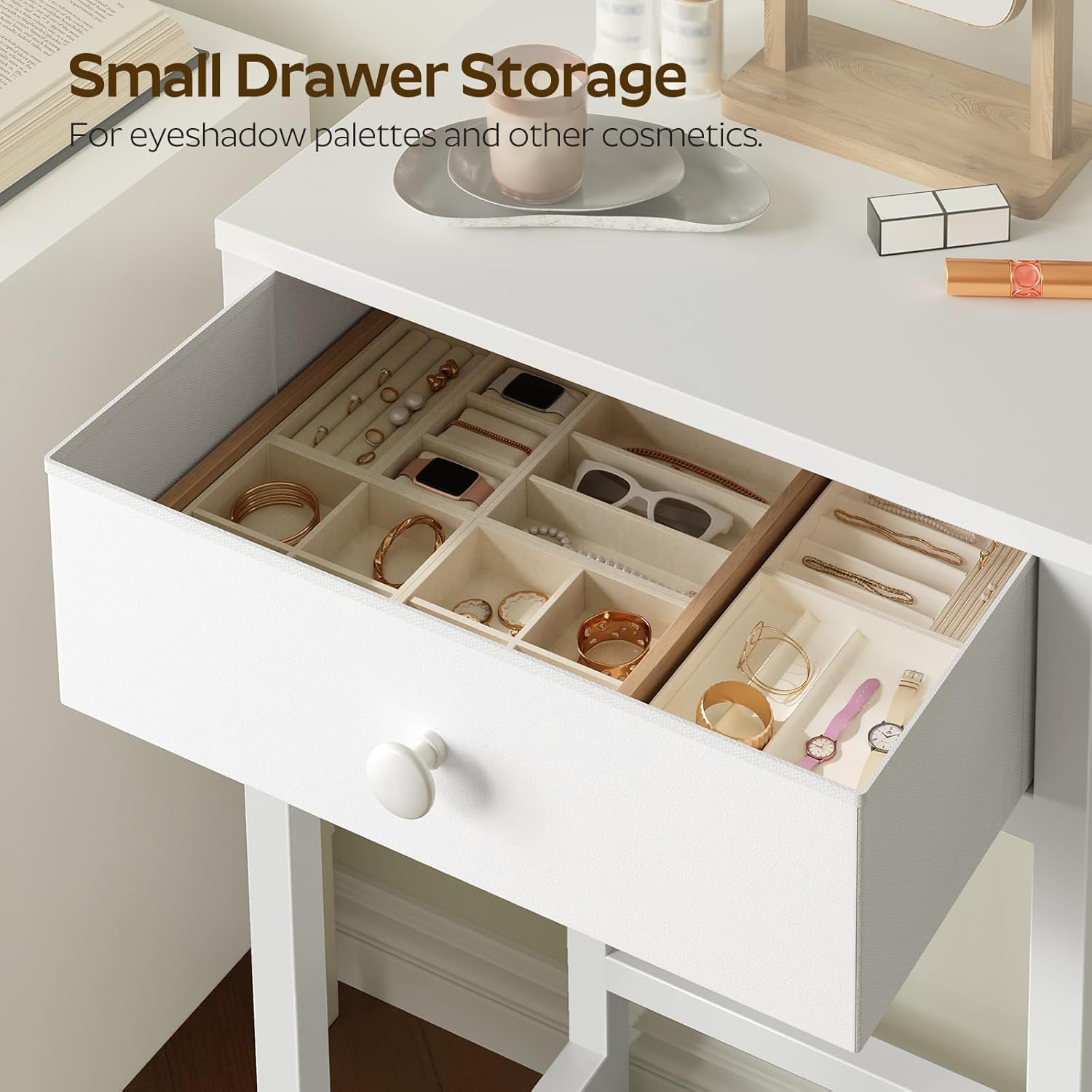 YATINEY Small Vanity Desk Without Mirror, Makeup Vanity Table for Small Space, Compact White Dressing Table with Fold-up Panel and Fabric Drawer, for Bedroom, Easy Assembly, White