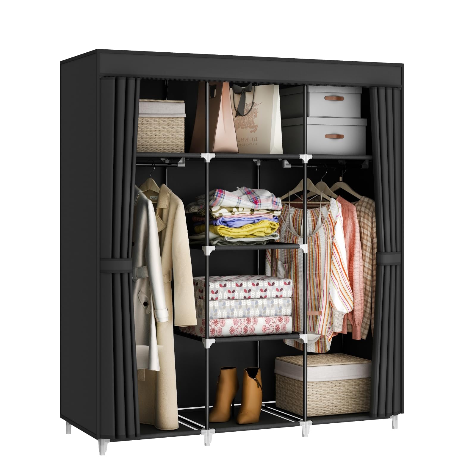 MOGELAFOO Portable Closet Wardrobe, 67-Inch Clothes Organizer with 4 Hanging Rods and 8 Shelves, Non-Woven Fabric Cover, Large Capacity Storage for Bedroom and Living Room, Black