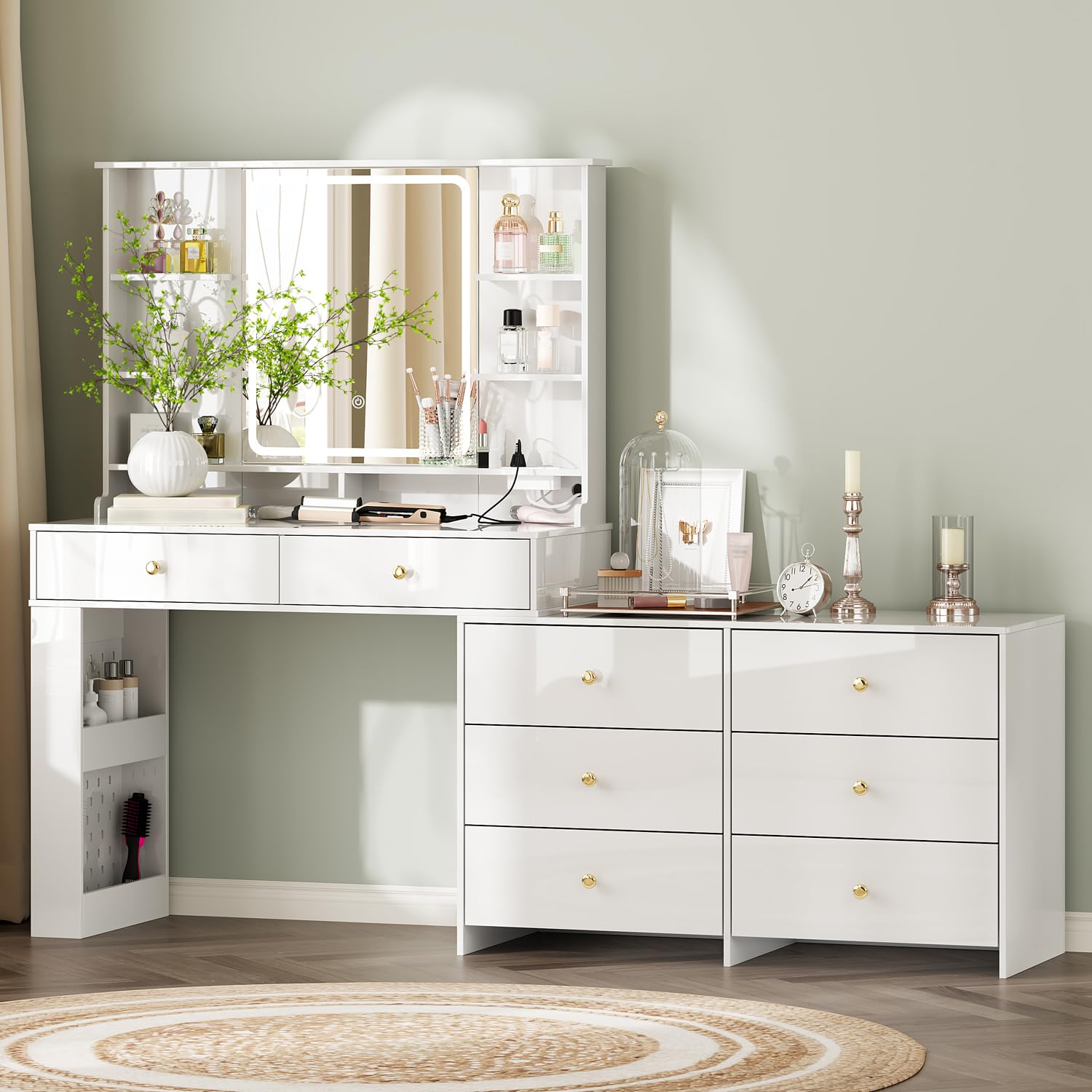 Ieejdn Makeup Vanity Desk with Mirror and Lights, Vanity Desk with 8 Drawers & Storage Shelves, Vanity Table with Power Outlet, 3 Color Modes & Adjustable Brightness Dressing Table, Bedroom,Oak2