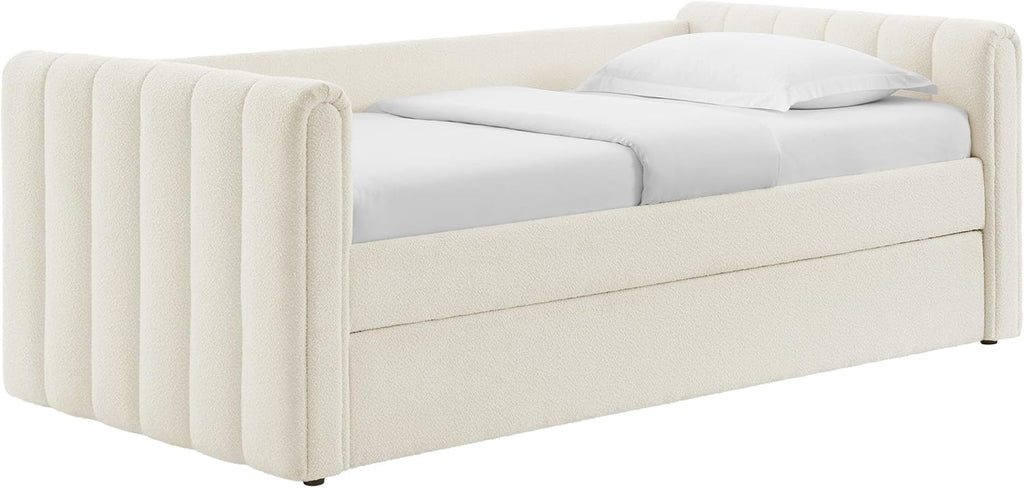 Veyla Twin Size Boucle Fabric Daybed in Cloud with Trundle – Channel Tufted Upholstered Sofa Bed with Wood Slat Support