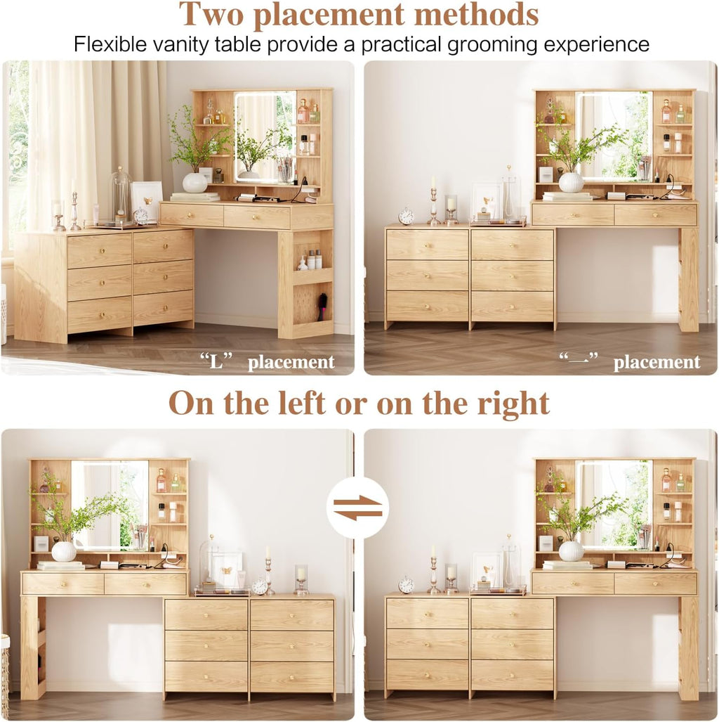 Ieejdn Makeup Vanity Desk with Mirror and Lights, Vanity Desk with 8 Drawers & Storage Shelves, Vanity Table with Power Outlet, 3 Color Modes & Adjustable Brightness Dressing Table, Bedroom,Oak2
