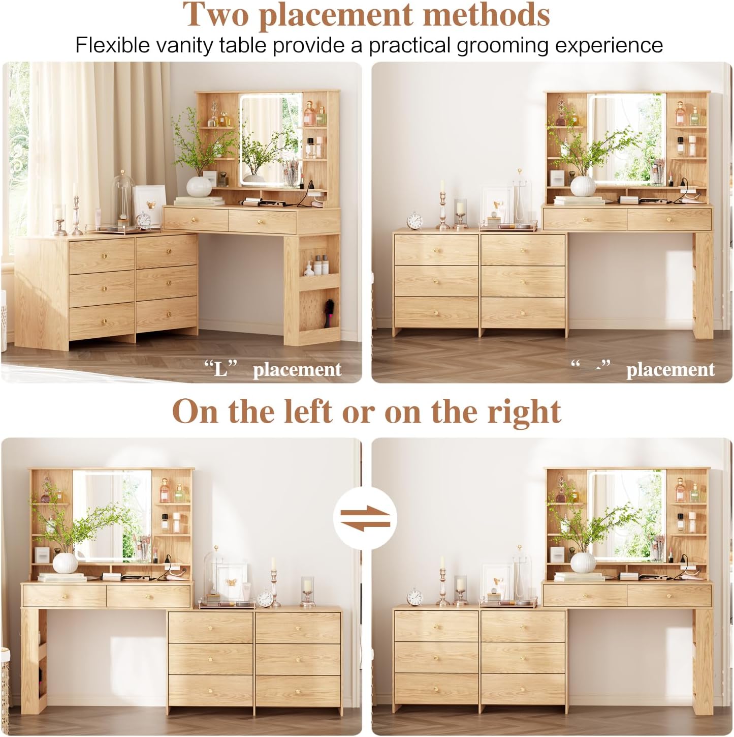 Ieejdn Makeup Vanity Desk with Mirror and Lights, Vanity Desk with 8 Drawers & Storage Shelves, Vanity Table with Power Outlet, 3 Color Modes & Adjustable Brightness Dressing Table, Bedroom,Oak2