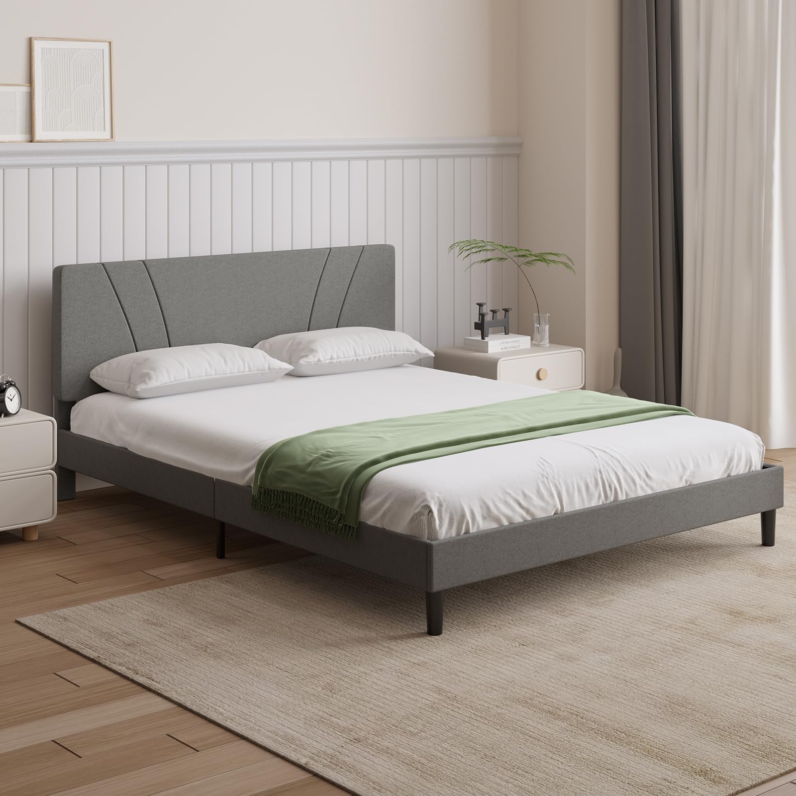 Novilla Queen Bed Frame with Headboard, Bed Frame Queen Size with Wood Slats Support,Linen Upholstered Adjustable Headboard, No Box Spring Needed, Heavy Duty Feet, Easy Assembly, Beige