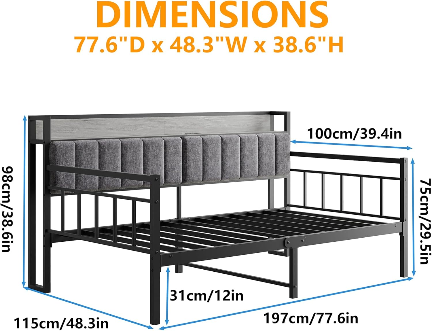 BOFENG Metal Daybed Frame Twin Size with Charging Station,Metal Twin Bed Frame with Upholstered Headboard with Strong Steel Slats for Living Room,Bedroom and Guest Room