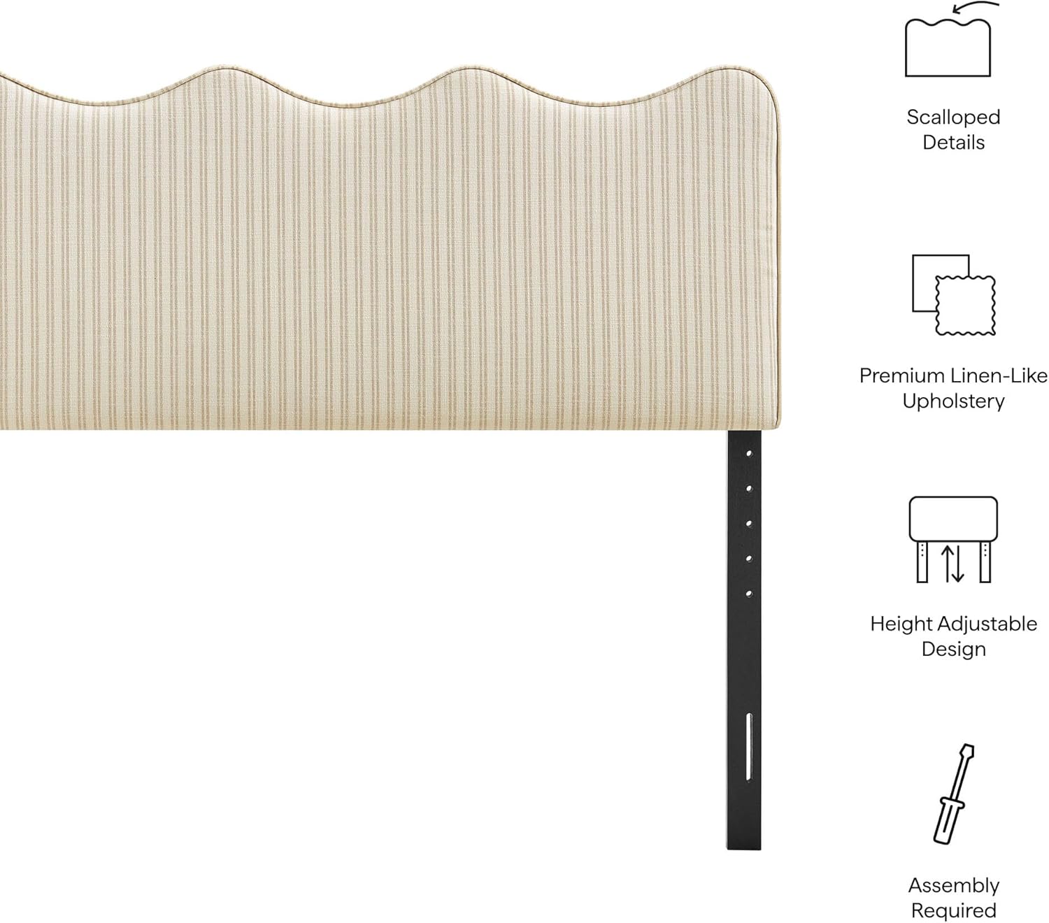 Monday Athena Striped Fabric Upholstered Full Size Adjustable Headboard in Oatmeal Stripe - with Scalloped Wave Design and Soft Linen-Like Fabric