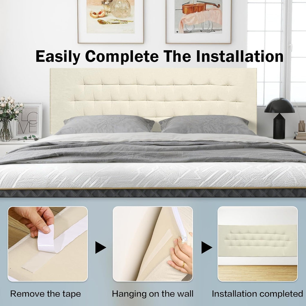 Upholstered Headboard King Size, 75" x 23" Easy No-Tools Wall Mounted Bed Headboards, Modern Linen Button Diamond Tufted Design, Beige