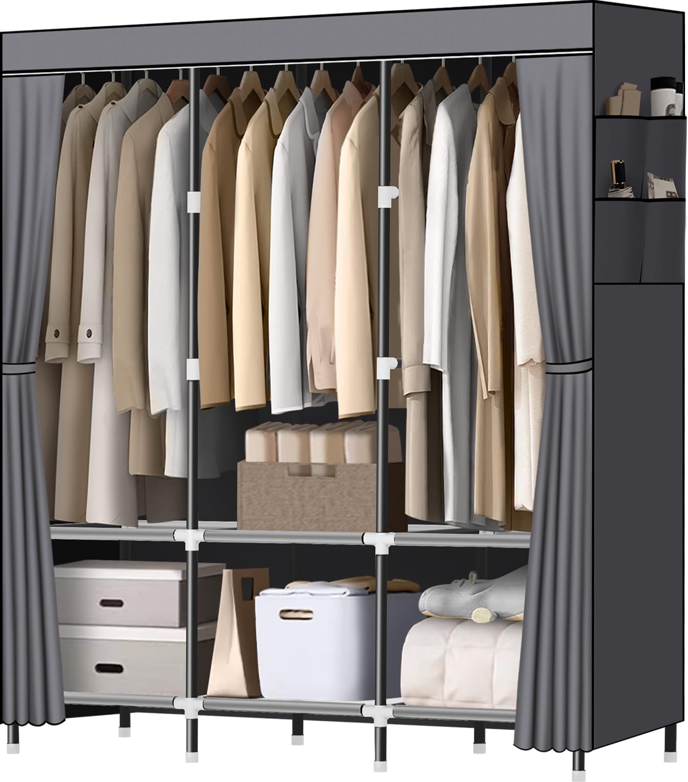 LOKEME Wardrobe Closet,Portable Closet for Bedroom Steel Pipe Diameter 19mm Strong and Sturdy Black Portable Closets for Hanging Clothes with 3 Hanging rods, 6 Storage Shelves and Side Pockets