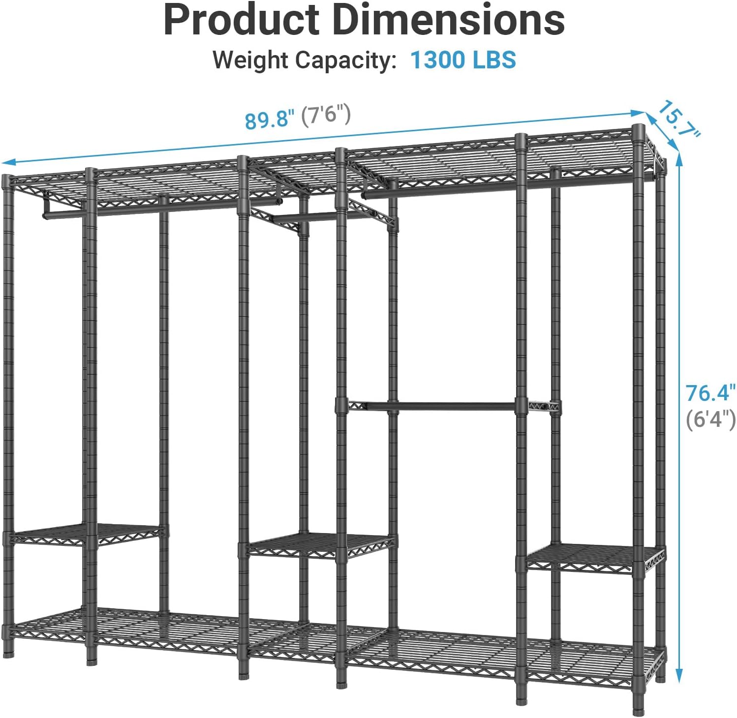 VIPEK V50 Extra Large Closet Rack Heavy Duty Garment Rack Freestanding Wardrobe with Shelves, Portable Metal Clothing Rack for Hanging Clothes, Adjustable Open Closet System, 1300 lb Capacity, Black